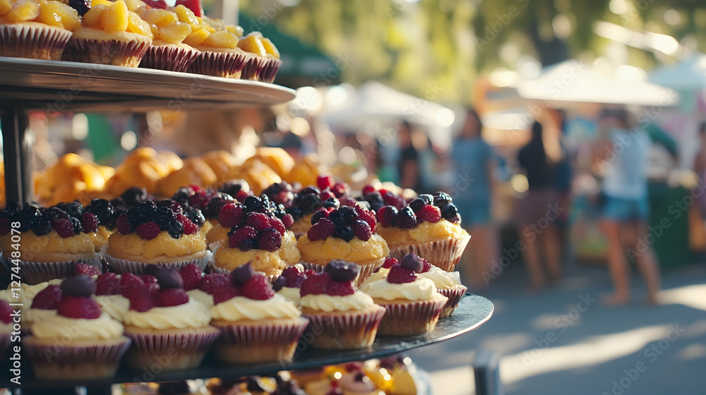Close-up of a dessert display showcasing various fruit tarts and cupcakes at a bustling local fair with visitors enjoying the event
