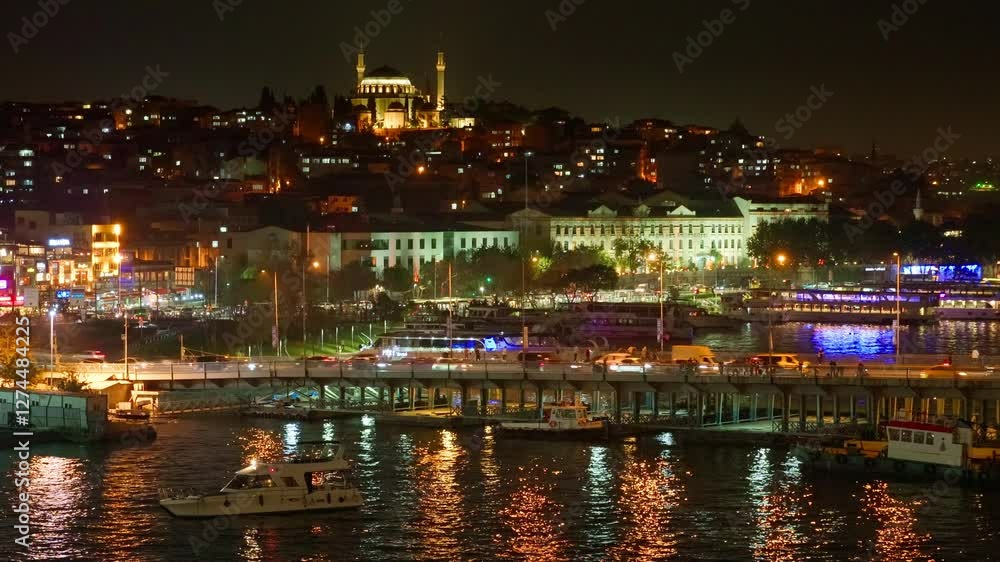 Night view of Istanbul city and Golden Horn bay, street lighting and traffic, nightlife Night view of Istanbul city and Golden Horn bay, street lighting and traffic, nightlife