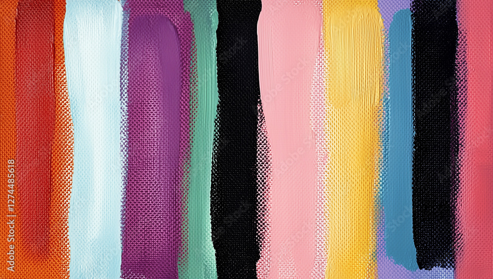 Fototapeta premium Abstract background with colorful vertical stripes of acrylic paint, hand-drawn with an oil brush on canvas. Modern art. Abstract painting. Hand-painted texture. Wide banner