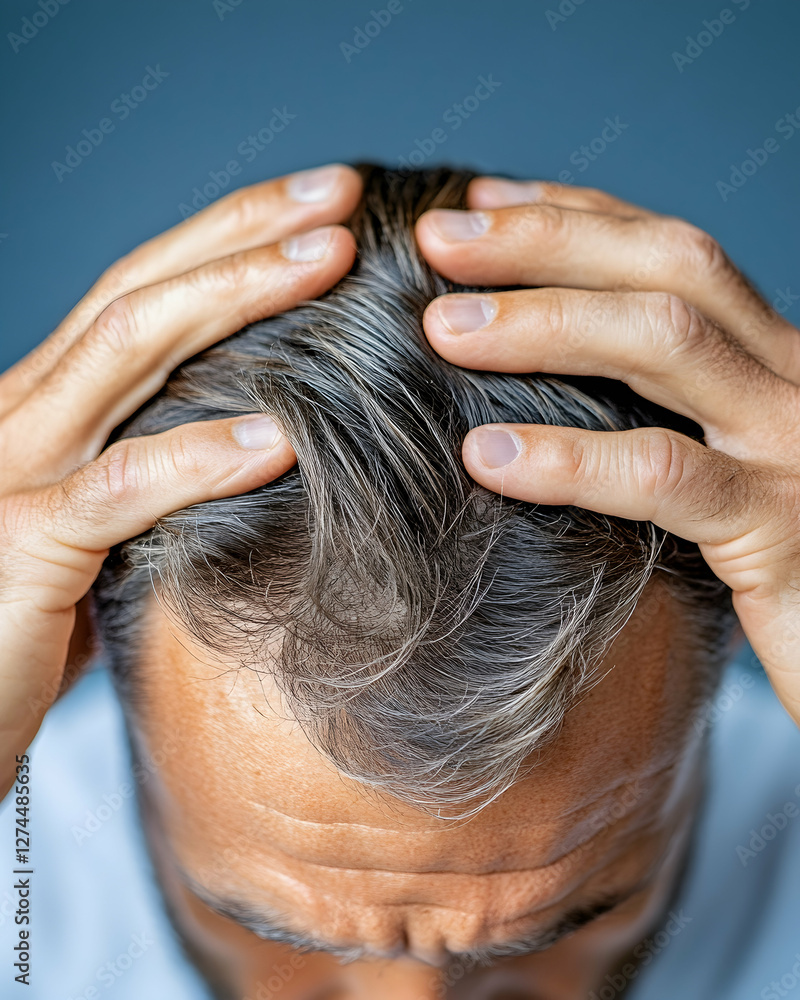 Naklejka premium Man's hands holding his head, experiencing hair loss, studio shot. Possible use for Hair care, health issues