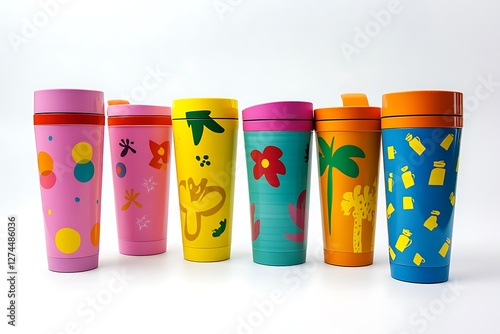 Colorful travel mugs with innovative designs, isolated on white background,