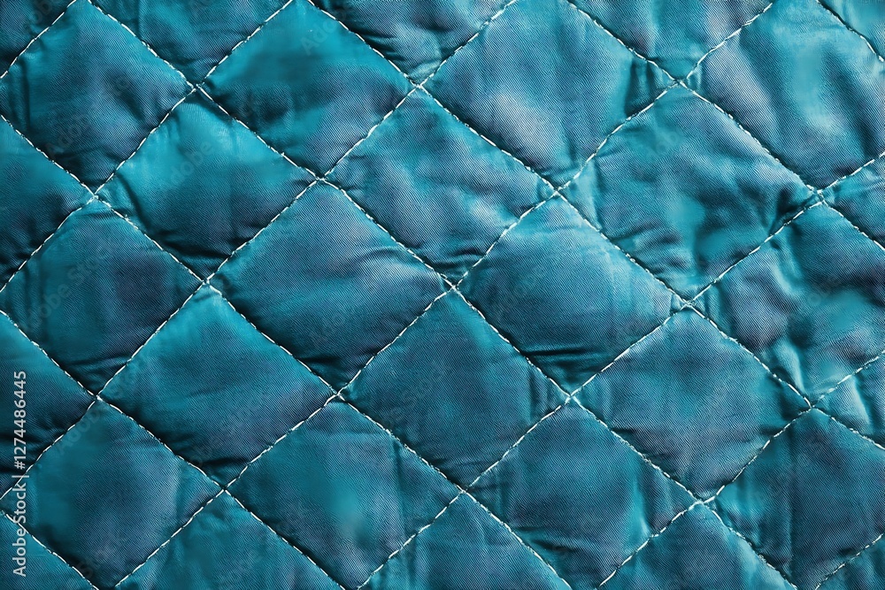 Fototapeta premium Quilted velours fabric background. Turquoise texture blanket or puffer jacket, stiched with diamond pattern, soft wrinkled surface, crupmed textile