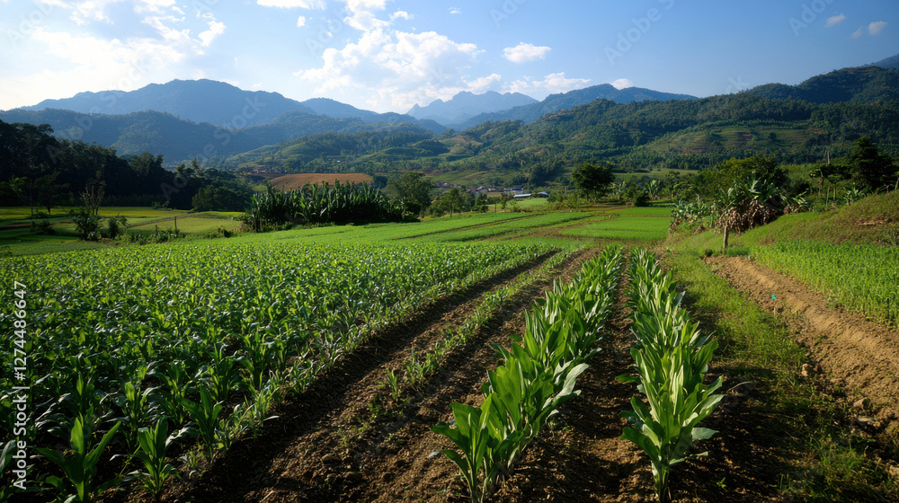 Lush green farm landscape with mountains in background Lush green farm landscape with mountains in background