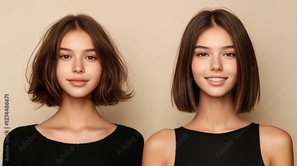 Before and After Hair Transformation of a Young Woman with a Stylish Bob Haircut on a Neutral Background Before and After Hair Transformation of a Young Woman with a Stylish Bob Haircut on a Neutral Background