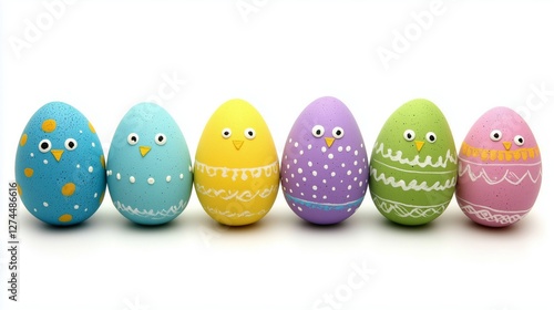 Six colorful easter eggs decorated as chicks standing in a row isolated on a white background, perfect for easter themed projects photo