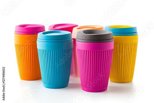 Colorful travel mugs with stylish lids, isolated on white background, ultra HD, high resolution,