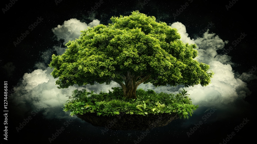 Obraz premium A lush green tree thrives on a floating island amidst the night sky