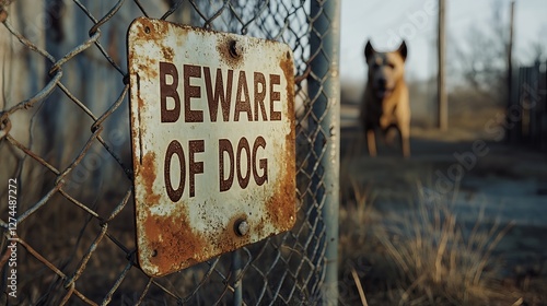 A rustic 'Beware of Dog' sign hangs on a weathered fence, with a brown dog appearing in the background, creating a sense of caution and intrigue.