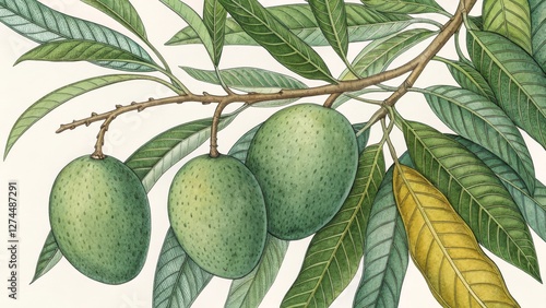 Botanical Watercolor Painting Three Mangoes on Branch, Detailed Leaves, Green Hues, Fruit Illustration, Mango Tree Botanical Illustration, Watercolor Painting