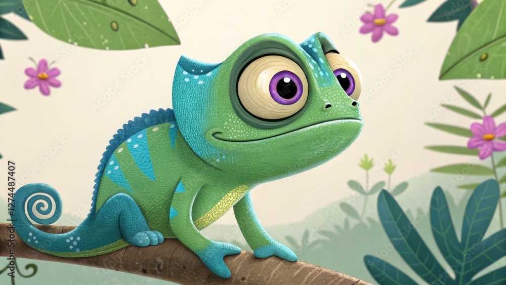 Fototapeta premium Cute Cartoon Chameleon on Branch 3D Digital Illustration, Jungle Background, Big Eyes, Character Design Chameleon, 3D art