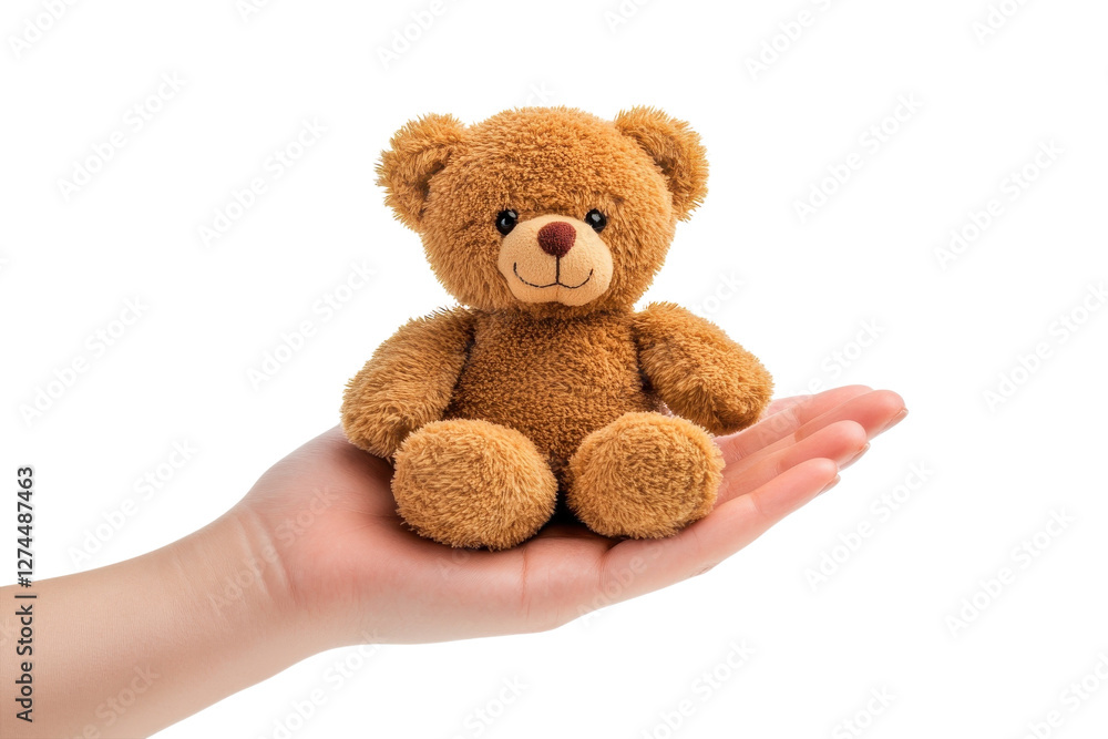 Obraz premium A soft teddy bear resting gently in a hand against a bright white background isolated on transparent background