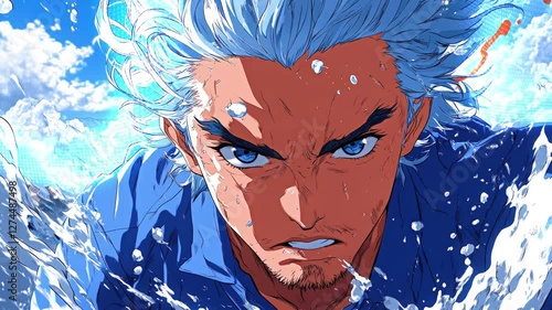 Elite warrior prepares for battle amidst crashing waves, a moment captured in an intense clash of sea and sky