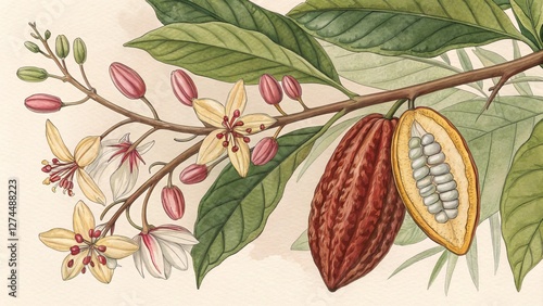 Watercolor Cacao Tree Botanical Illustration Flowers, Pods, Leaves, Cocoa Bean,Plant,Theobroma cacao Cocoa, Botany