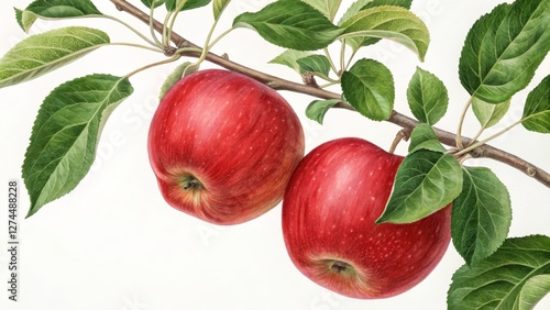 Watercolor Apples on Branch Botanical Illustration, Red Fruit, Close-up Composition, Nature Still Life Apple Still Life, Botanical Painting