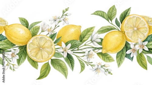 Watercolor Lemon Branch Border Seamless Pattern, Floral Design, Citrus Fruit, Botanical Illustration. Lemon, Citrus