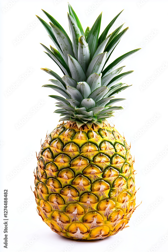 Fototapeta premium Ripe pineapple isolated on a white background, showcasing golden-yellow skin, sharp green leaves, and distinctive textured exterior