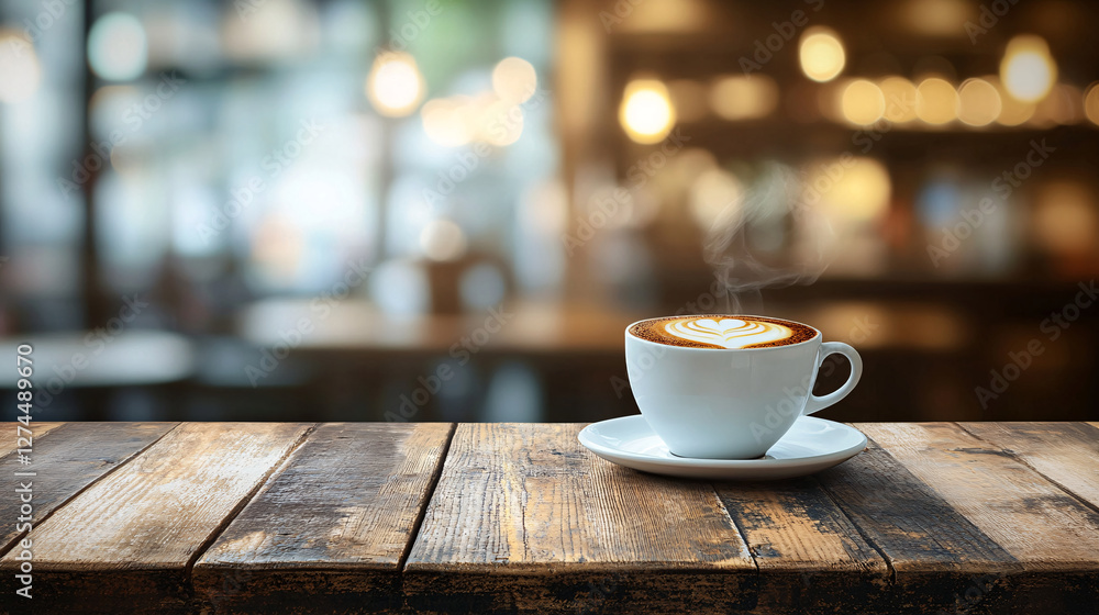 Fototapeta premium Background with coffee, wooden table on an extremely blurred backdrop, used for display or editing as a dining background. Banner, board, podium