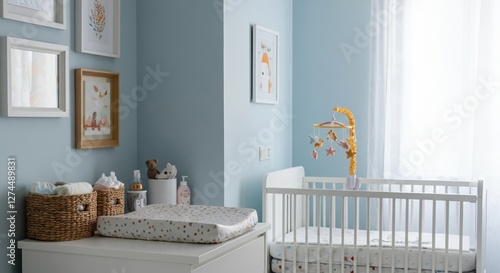 Cozy nursery with a crib, changing table, and soft pastel decor