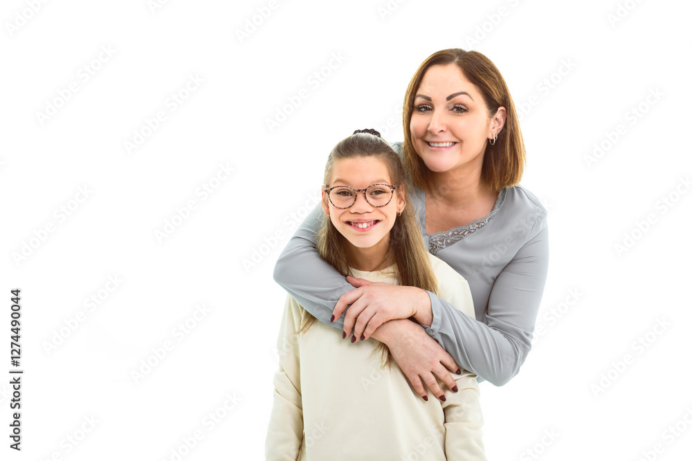 Portrait of disabled girl smiling at camera with her mother over white background Portrait of disabled girl smiling at camera with her mother over white background