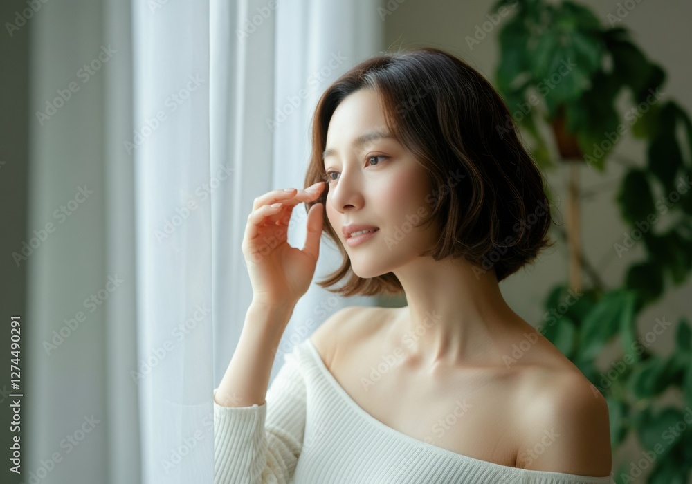 Woman with short hair gazing thoughtfully out the window in natural light Woman with short hair gazing thoughtfully out the window in natural light