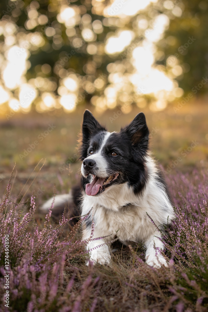 Vertical Portrait of Happy Border Collie Lying Down in Pink Heather Flowers. Cute Black and White Dog Smiles Outside in Meadow with Bokeh Background. Vertical Portrait of Happy Border Collie Lying Down in Pink Heather Flowers. Cute Black and White Dog Smiles Outside in Meadow with Bokeh Background.