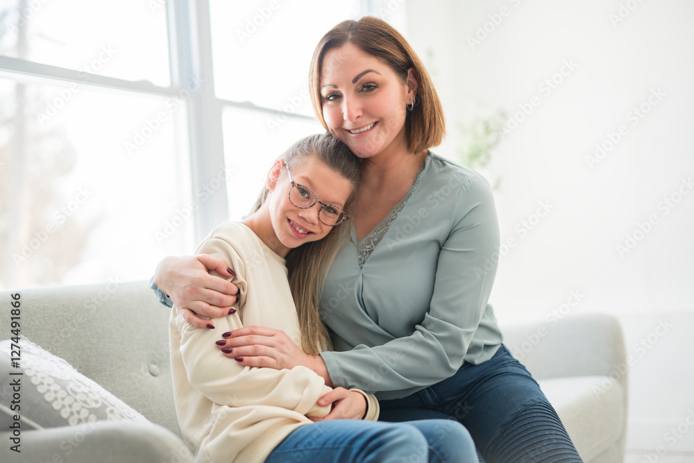 Portrait of disabled girl smiling at camera with her mother at home Portrait of disabled girl smiling at camera with her mother at home