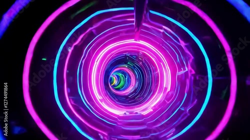 A vibrant journey through a spiraling water slide featuring dynamic neon lights. Participants enjoy the rush of turning and splashing down the exciting slide on a sunny day.
