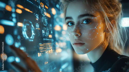 A young woman with glowing blue cybernetic facial enhancements and digital interface elements, symbolizing AI, human augmentation, and futuristic technology.  