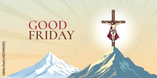 Good friday wishes or greeting social media banner design with silhouette Jesus Christ and Cross