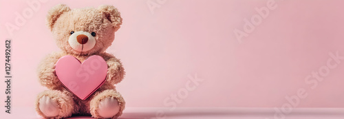 Charming teddy bear with a heart-shaped gift box on a pink background for Valentinea??s Day celebration photo