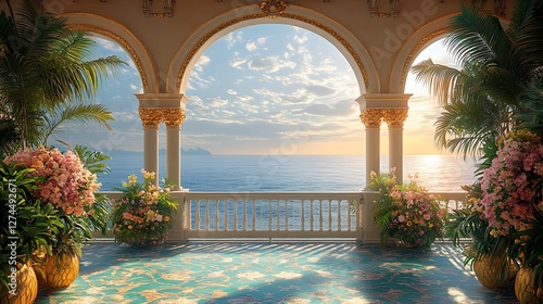 Elegant archway overlooking beautiful blue sea high resolution hd wallpaper