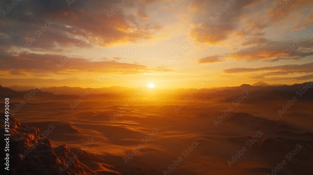 Obraz premium Golden Hour Desert Sunset: Breathtaking Panorama of Majestic Mountains and Vast Sands Under a Fiery Sky