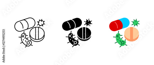 Medical treatment icon set. Pills and antibiotic sign. Virus, bacteria, and infection symbol. Prescription drugs and pharmaceutical pictogram. Healthcare and hospital illustration.