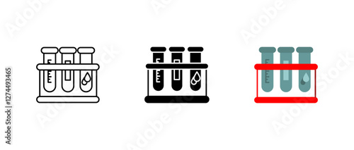 Laboratory test icon set. Blood sample in test tubes sign. Medical research and chemistry experiment symbol. Science analysis and diagnostic pictogram. Healthcare and hospital equipment illustration.