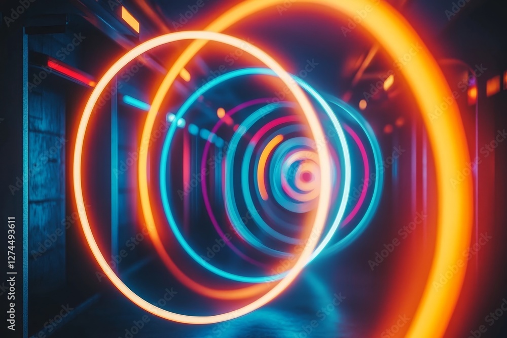 Fototapeta premium glowing neon rings create a mesmerizing tunnel effect. The image is futuristic with a dynamic use of colors and lighting, perfect for a modern design theme