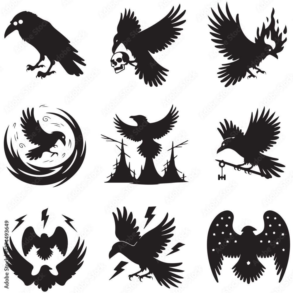 Obraz premium Silhouettes of wild birds in flight Raven Silhouette Pigeons Flying Silhouettes 6 Silhouettes – Birds