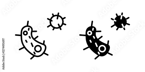 Bacteria and virus icon set. Microorganism and germs sign. Infection and disease symbol. Healthcare and microbiology pictogram. Pathogen and contamination illustration.