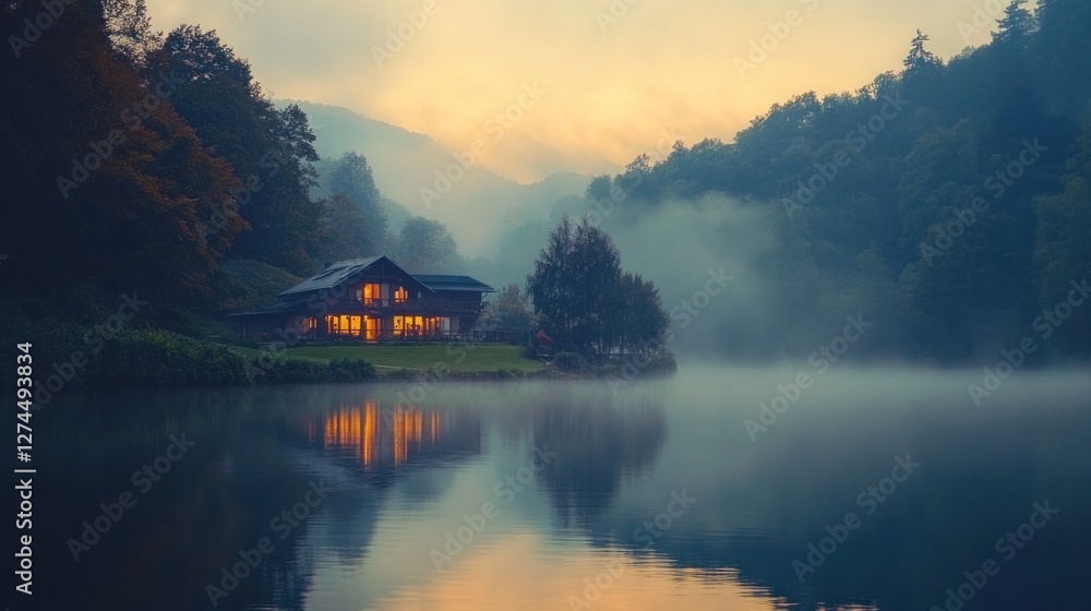 Fototapeta premium Lakeside House Illuminated At Dawn Misty Morning