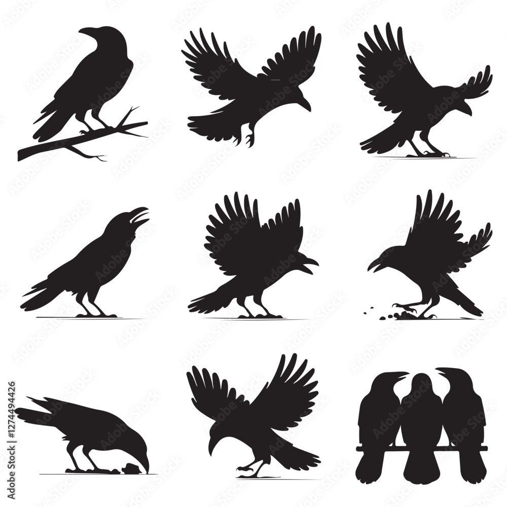Obraz premium Silhouettes of wild birds in flight Raven Silhouette Pigeons Flying Silhouettes 6 Silhouettes – Birds