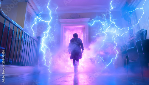 Mysterious figure walking through portal in a mansion hallway
