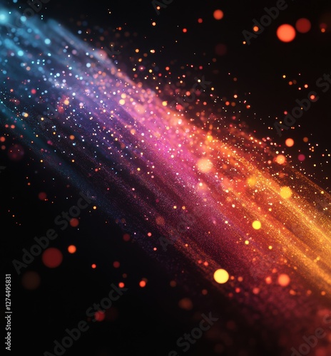 Colorful particles flowing on black background creating diagonal lines