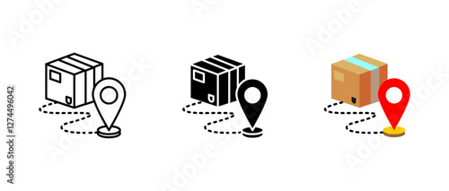 Package with location pin icon. Delivery tracking and shipping sign. Parcel route symbol. Logistics and transport pictogram. GPS destination illustration. Online order concept.