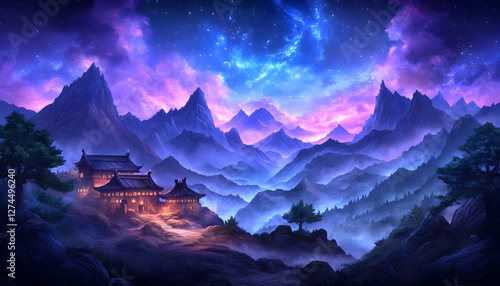 Mystical Mountain Village at Twilight