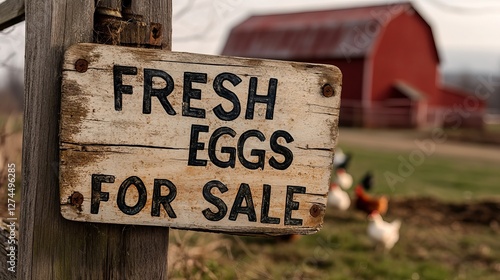 A rustic wooden sign reading Fresh Eggs For Sale stands in front of a charming red barn, surrounded by green fields and chickens roaming around.