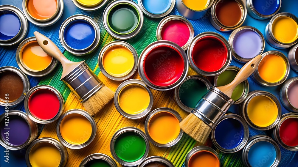 Colorful Open Paint Cans with Brushes on a Bold Red Background – Vibrant Art and DIY Creativity Theme for Painting Projects Colorful Open Paint Cans with Brushes on a Bold Red Background – Vibrant Art and DIY Creativity Theme for Painting Projects