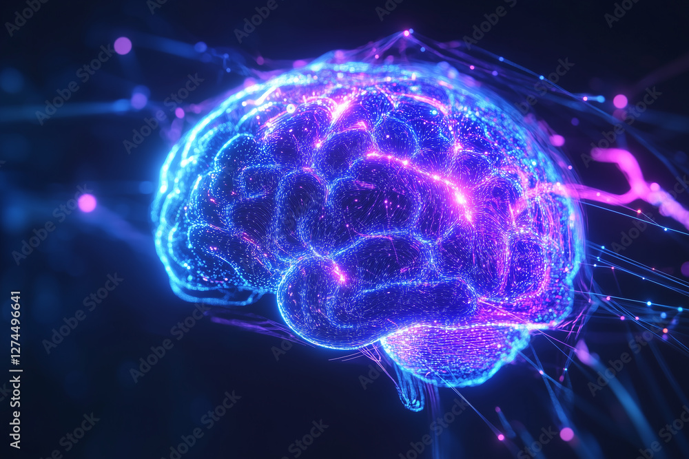 Fototapeta premium A high-tech artificial intelligence brain surrounded by glowing neon circuitry, symbolizing deep learning, advanced computing, and futuristic AI technology. 