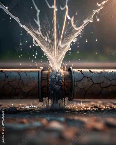 Close-up of a cracked, rusted pipe bursting with high-pressure water, creating dramatic splashes and droplets in an outdoor setting, symbolizing damage, plumbing issues, and infrastructure failure.