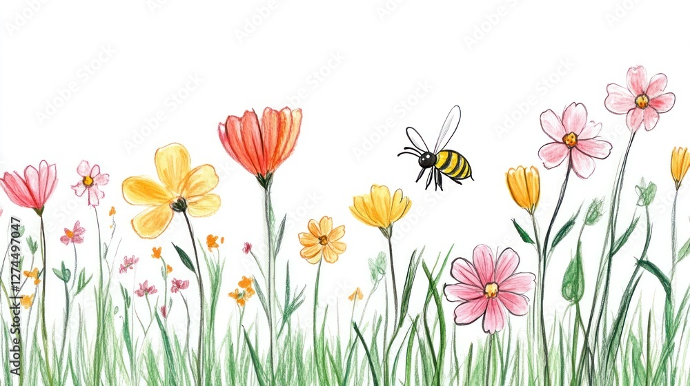 Watercolor flowers and bee on meadow