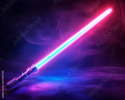 Neon lightsaber in dark smoky background. Possible stock photo use photo