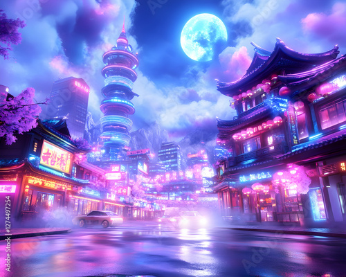 Neon-lit Asian city street at night, vibrant cityscapes, futuristic architecture, nighttime fantasy, photorealistic render, city lights, nocturnal photo